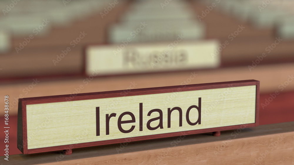 Ireland name sign among different countries plaques at international organization. 3D rendering Ireland name sign among different countries plaques at international organization. 3D rendering