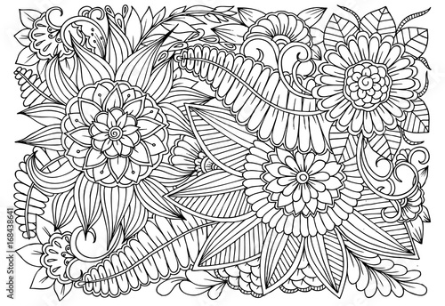 Black and white flower pattern for adult coloring book.