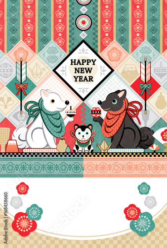 18年30年戌年完成年賀状テンプレート 白犬黒犬狛犬トリオ和風デザイン Happynewyear Stock Illustration Adobe Stock 18年30年戌年完成年賀状テンプレート 白犬黒犬狛犬トリオ和風デザイン Happynewyear Stock Illustration Adobe Stock