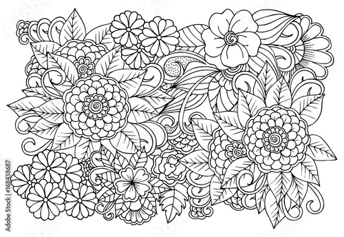 Black and white flower pattern for adult coloring book.