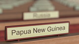 Papua New Guinea name sign among different countries plaques at international organization. 3D rendering