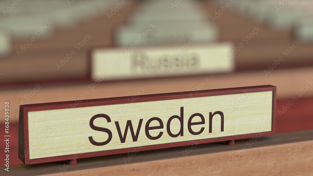 Sweden name sign among different countries plaques at international organization. 3D rendering Sweden name sign among different countries plaques at international organization. 3D rendering