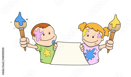 Cartoon Kids messing Painting with Blank Banner