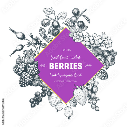 Berries hand drawn vector illustration. Hand drawn sketch illustration with with cherry, raspberry, cranberry, barberry, strawberry, goji berries. Healthy food, circle design template with berries.