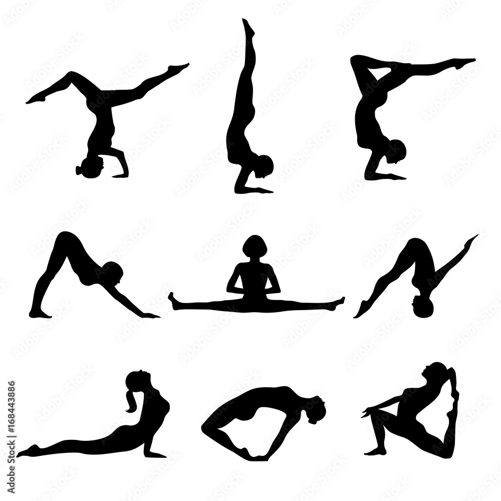 Obraz premium Vector contour collection of women in the yoga poses. Set of silhouettes. Relax and meditate. Healthy lifestyle, wellness beautiful images