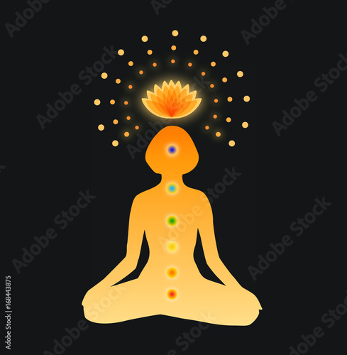 Shiny mandala. Silhouette of woman with symbols of chakras. Buddhistic poster. Vector illustration of young girl in yoga meditation on dark backdrop
