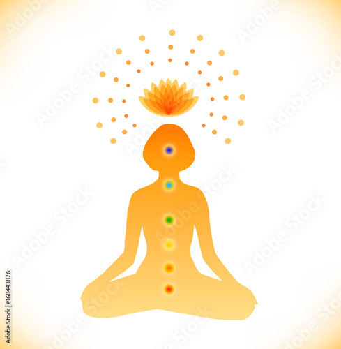 Shiny mandala. Silhouette of woman with symbols of chakras. Buddhistic poster. Vector illustration of young girl in yoga meditation