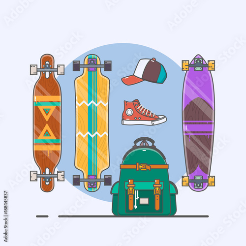 Set of longboards and skateboards of various shapes. Line drawing. Vector illustration.