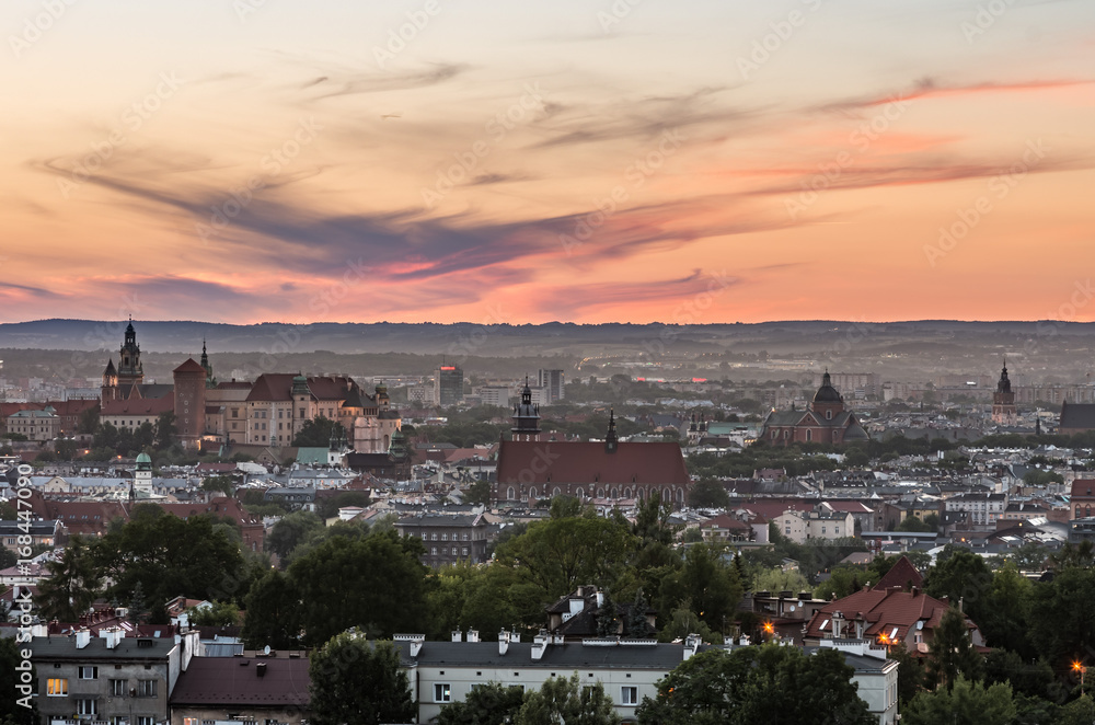 Krakow panorama from Krakus Mound, Poland landscape in the evening.