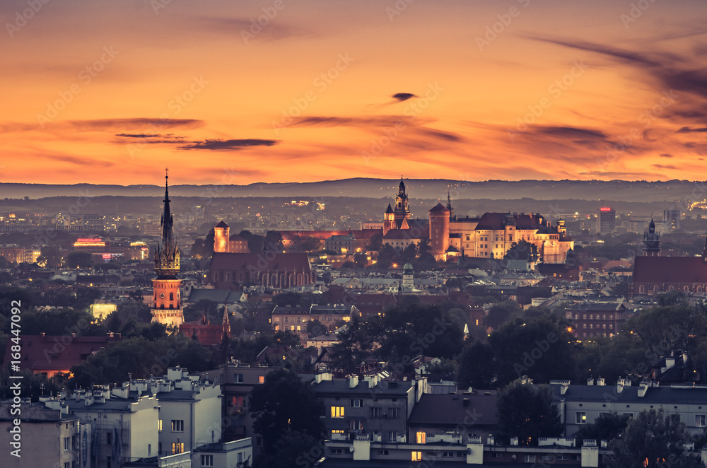 Fototapeta premium Krakow panorama from Krakus Mound, Poland landscape in the evening.