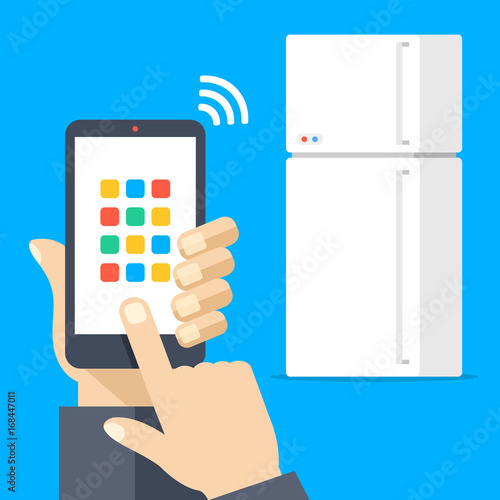 Fridge controlled via smartphone with wifi. White refrigerator and mobile phone with remote control app. Internet of things concept. Vector illustration