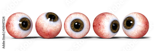 five realistic human eyes with brown iris, isolated on white background 