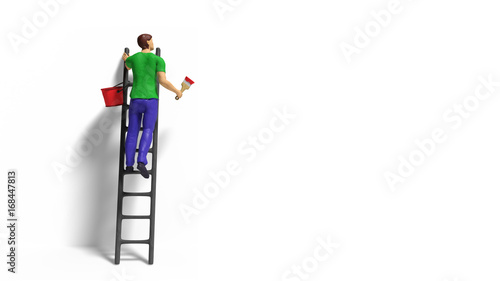 miniature figurine character with ladder and red paint in front of a wall photo