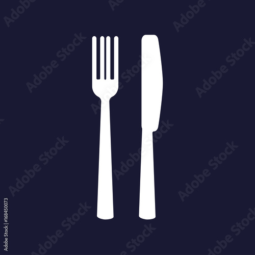 Knife and fork. Cutlery. Table setting. Vector icon on dark blue background.
