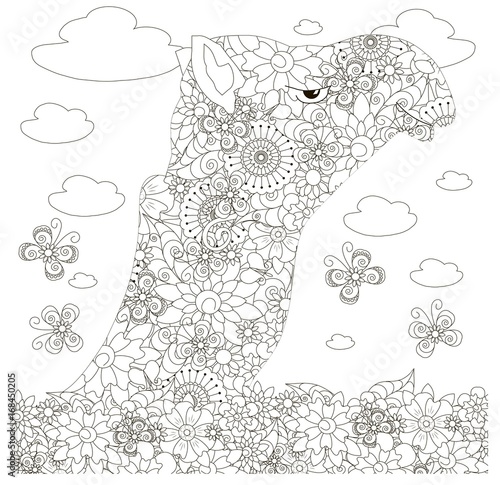 Flowers camel, coloring page anti-stress vector illustration