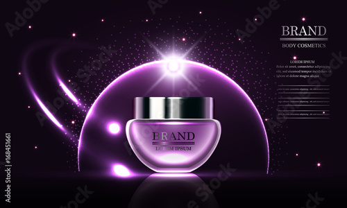 Cosmetics beauty series, premium body cream for skin care on purple background, template for design poster, placard, presentation, banners, cover, vector illustration.