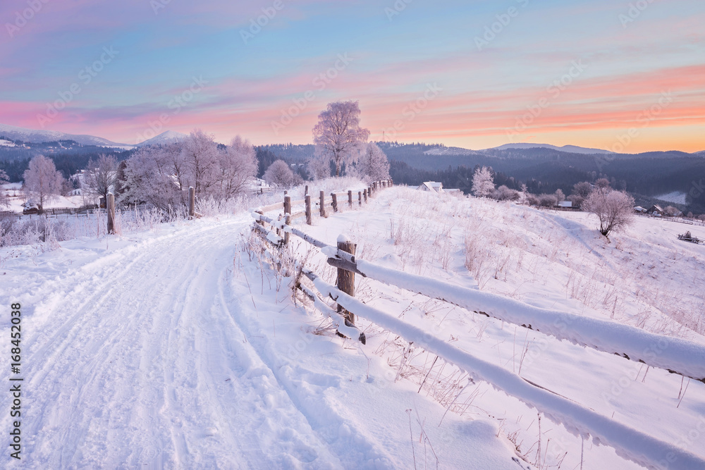 Winter landscape. road covered with snow