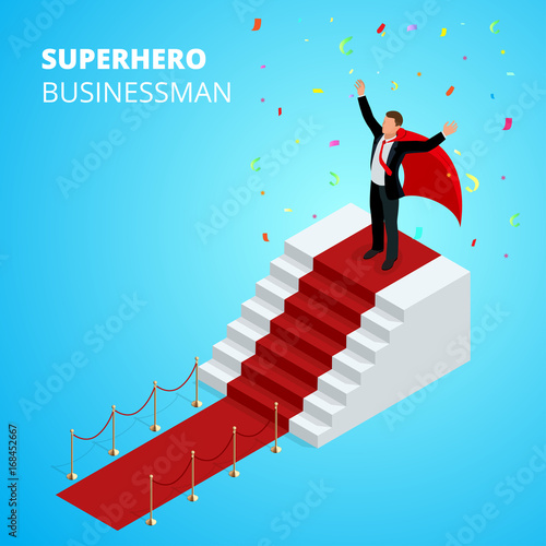 Isometric Super Hero Businessman on the Podium with red carpet isolated on white background. Realistic vector red event carpet, gold barriers