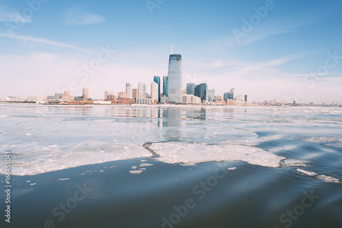 New Jersey skyline as viewed from a rare Frozen Hudson river during the 2015 winter Polar Vortex