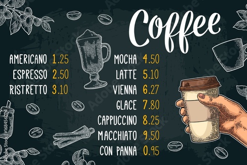 Restaurant or cafe menu coffee drinck with price.