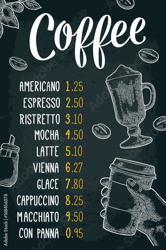 Restaurant or cafe menu coffee drinck with price.