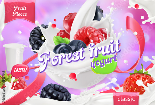 Forest fruit yogurt. Mixed berry and milk splashes. 3d realistic vector, package design