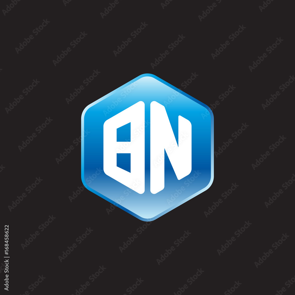 Initial letter BN, modern glossy hexagon logo, gradient blue color on black background
Initial letter BN, modern glossy hexagon logo, gradient blue color on black background