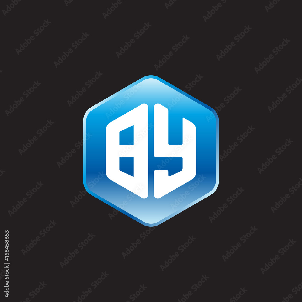 Obraz premium Initial letter BY, modern glossy hexagon logo, gradient blue color on black background 