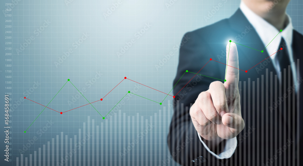 Businessman hand touching point graph growth or increase business chart, Growing up revenue and development concept Businessman hand touching point graph growth or increase business chart, Growing up revenue and development concept