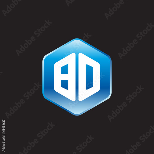 Initial letter BO, modern glossy hexagon logo, gradient blue color on black background 