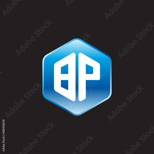 Initial letter BP, modern glossy hexagon logo, gradient blue color on black background	
 
