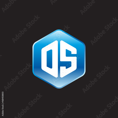 Initial letter DS, modern glossy hexagon logo, gradient blue color on black background 