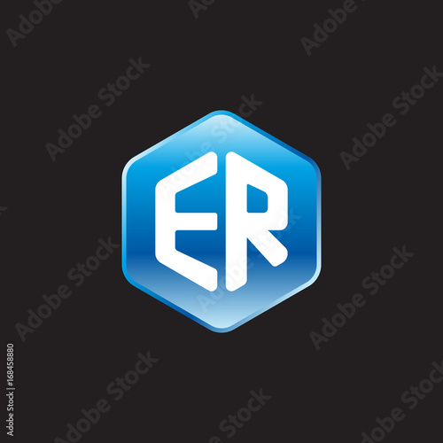 Initial letter ER, modern glossy hexagon logo, gradient blue color on black background 