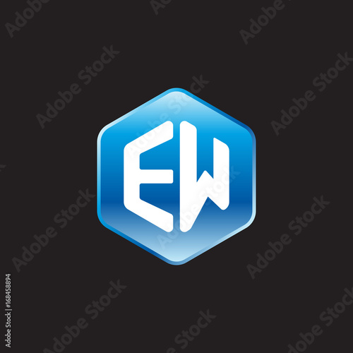 Initial letter EW, modern glossy hexagon logo, gradient blue color on black background 