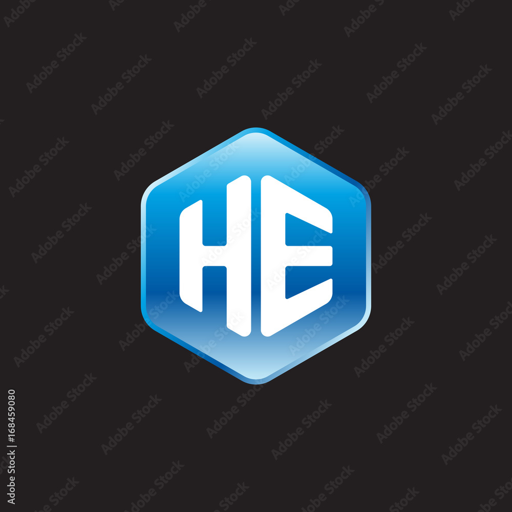 Initial letter HE, modern glossy hexagon logo, gradient blue color on black background
Initial letter HE, modern glossy hexagon logo, gradient blue color on black background