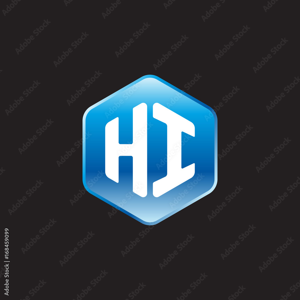 Initial letter HI, modern glossy hexagon logo, gradient blue color on black background
Initial letter HI, modern glossy hexagon logo, gradient blue color on black background