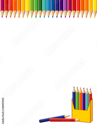 School poster, rainbow border, box of colored pencils. Copy space for back to school announcements, stationery, education, literacy, scrapbook projects.