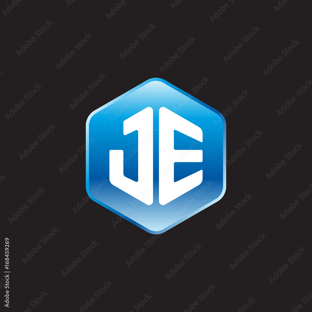 Initial letter JE, modern glossy hexagon logo, gradient blue color on black background
Initial letter JE, modern glossy hexagon logo, gradient blue color on black background