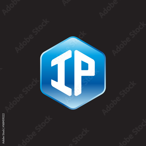 Initial letter IP, modern glossy hexagon logo, gradient blue color on black background