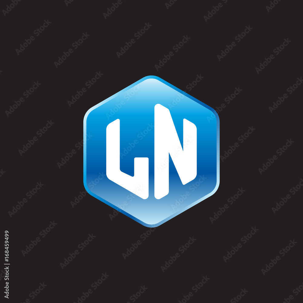 Initial letter LN, modern glossy hexagon logo, gradient blue color on black background
Initial letter LN, modern glossy hexagon logo, gradient blue color on black background