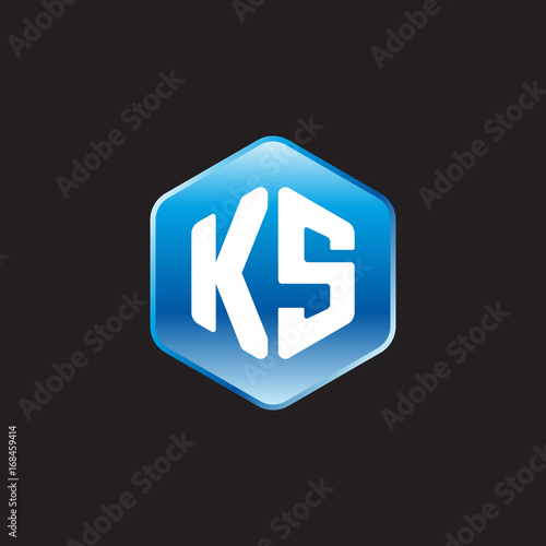 Initial letter KS, modern glossy hexagon logo, gradient blue color on black background 