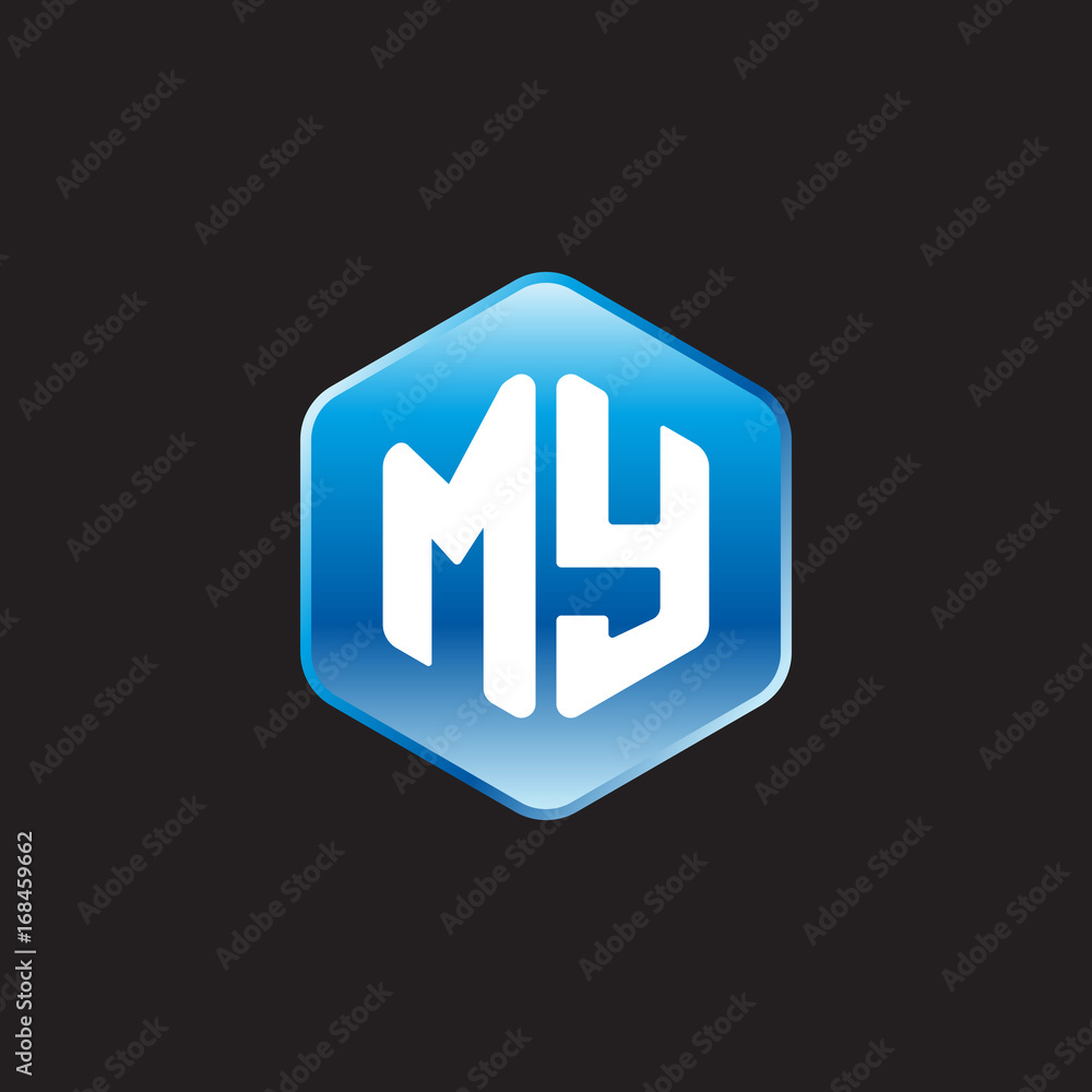 Initial letter MY, modern glossy hexagon logo, gradient blue color on black background
Initial letter MY, modern glossy hexagon logo, gradient blue color on black background