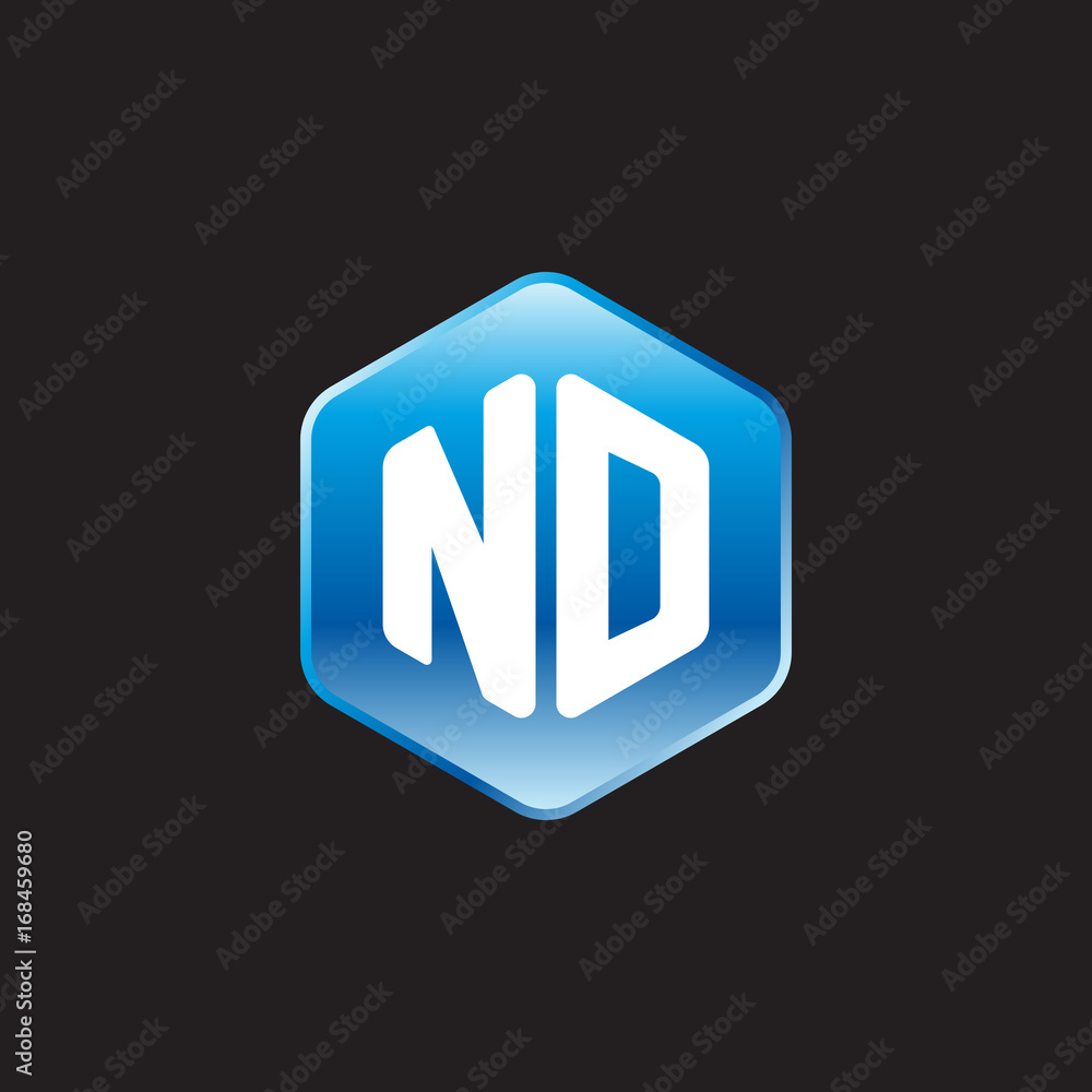 Initial letter ND, modern glossy hexagon logo, gradient blue color on black background
Initial letter ND, modern glossy hexagon logo, gradient blue color on black background