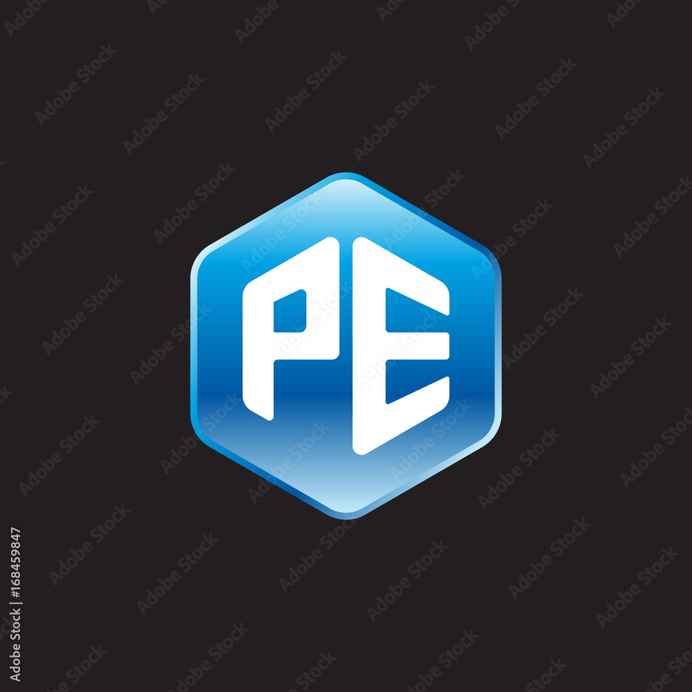 Initial letter PE, modern glossy hexagon logo, gradient blue color on black background
Initial letter PE, modern glossy hexagon logo, gradient blue color on black background