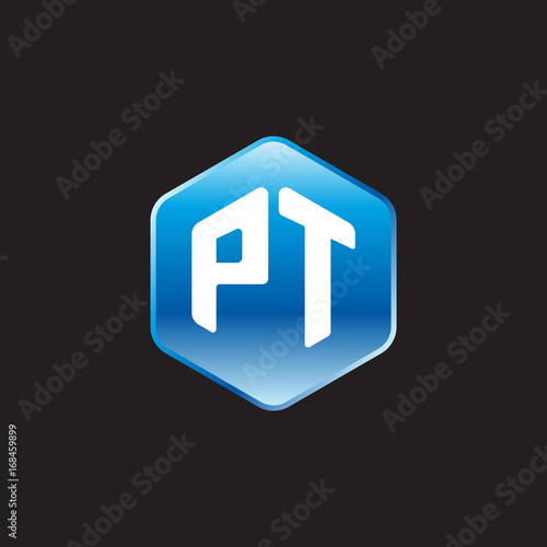 Initial letter PT, modern glossy hexagon logo, gradient blue color on black background 
