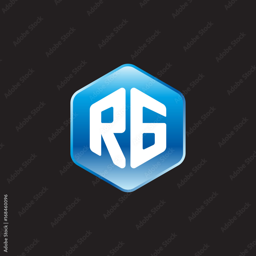 Initial letter RG, modern glossy hexagon logo, gradient blue color on black background
Initial letter RG, modern glossy hexagon logo, gradient blue color on black background