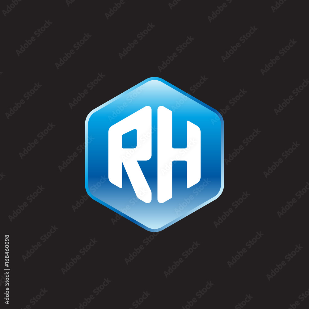 Initial letter RH, modern glossy hexagon logo, gradient blue color on black background
Initial letter RH, modern glossy hexagon logo, gradient blue color on black background