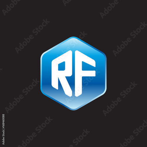 Initial letter RF, modern glossy hexagon logo, gradient blue color on black background 