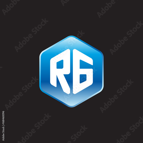 Initial letter RG, modern glossy hexagon logo, gradient blue color on black background 