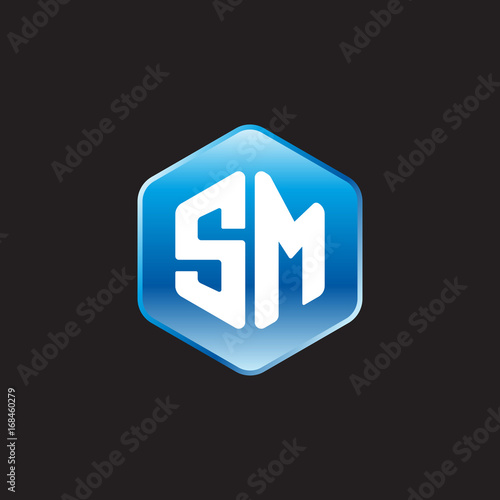 Initial letter SM, modern glossy hexagon logo, gradient blue color on black background 